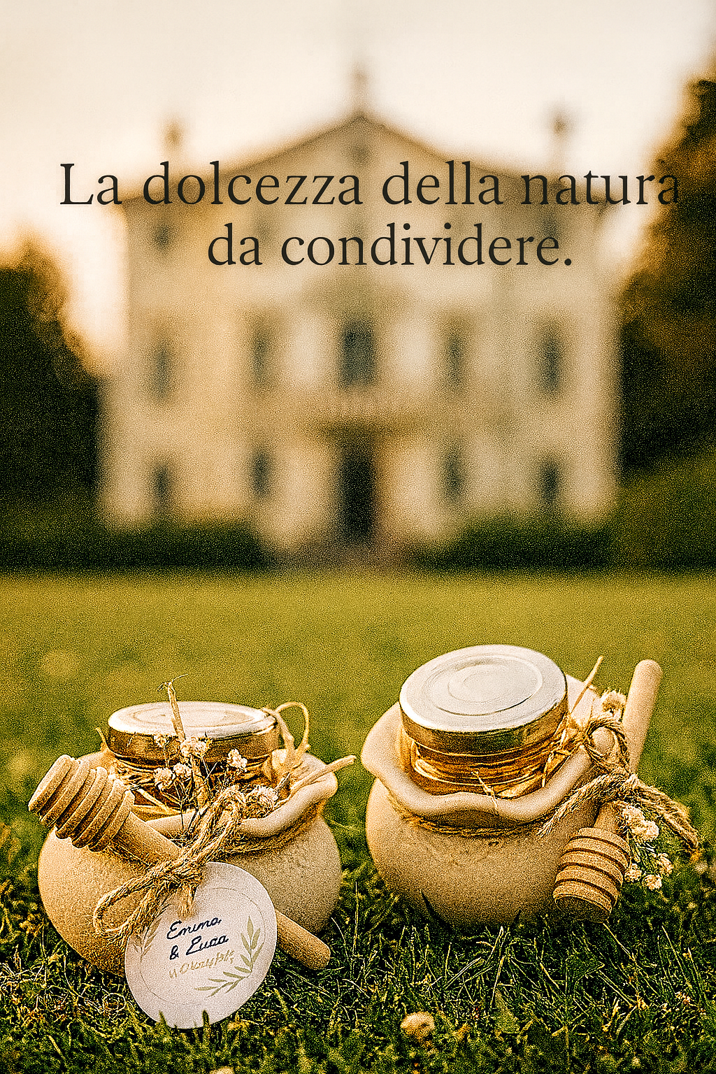 Barattolo di miele con spargimele e anfora in ceramica grezza